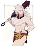  1girl abs animal_print bandage bandaged_arm bandages beads blood bloody_weapon bracelet club dorohedoro dripping earrings hair_slicked_back hand_on_hip holding holding_weapon hoop_earrings horns jewelry loincloth looking_to_the_side medium_hair muscle muscular_female mushisotisis navel necklace noi_(dorohedoro) oni original prayer_beads red_eyes scratches simple_background solo spiked_club standing thong tiger_print torn_clothes weapon white_background white_hair 