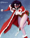 1girl adapted_costume ankle_boots arms_behind_back artist_name belt boots box breasts christmas cleavage cloak covered_nipples dc_comics forehead_jewel gem gift gift_box grey_skin hat highres hood hooded_cloak large_breasts leaning_forward leg_up legs legs_together looking_at_viewer messy_hair purple_hair raven_(dc) red_cloak red_eyes red_footwear santa_hat short_hair solo teen_titans thighs tsundere violet_eyes zillionaire 
