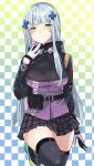  1girl absurdres assault_rifle black_legwear blush breasts checkered checkered_background cowboy_shot facepaint german_flag girls_frontline gloves green_eyes gun h&amp;k_hk416 hand_on_own_chin highres hk416_(girls_frontline) iron_cross leg_up long_hair looking_at_viewer magazine_(weapon) medium_breasts military_jacket plaid plaid_skirt rifle silver_hair skindentation skirt smile solo standing standing_on_one_leg thigh-highs thighs urim_(paintur) very_long_hair weapon 