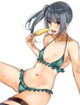  1girl adapted_costume amakaze bikini breasts brown_eyes collarbone commentary_request cowboy_shot food frilled_bikini frills green_swimsuit grey_hair groin highres invisible_chair kantai_collection kasumi_(kantai_collection) long_hair navel open_mouth popsicle round_teeth side_ponytail simple_background sitting small_breasts solo swimsuit teeth upper_teeth white_background 