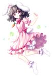  1girl animal_ears bangs black_hair bloomers blush bobby_socks bunny_tail carrot_necklace clover commentary dress eyebrows_visible_through_hair full_body hair_between_eyes hand_up heart inaba_tewi looking_at_viewer miy_001 neck_ribbon no_shoes pink_dress pink_eyes pink_neckwear pink_ribbon rabbit_ears ribbon ribbon-trimmed_dress short_hair simple_background smile socks solo symbol_commentary tail touhou underwear white_background white_bloomers white_legwear 