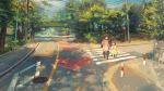  2girls bag black_legwear blue_eyes blue_sky bridge brown_dress brown_eyes brown_hair child clannad clouds commentary_request crosswalk dappled_sunlight day dress hand_holding highres ibuki_fuuko jacket lamppost long_hair long_sleeves making-of_available mary_janes multiple_girls okazaki_ushio outdoors pantyhose pink_shirt power_lines red_footwear road road_sign scenery shirt shoes short_hair shoulder_bag sidewalk sign signature sky sleeveless sleeveless_dress stairs street sunlight telephone_pole tree walking white_jacket xiaobanbei_milk yellow_dress yellow_footwear 