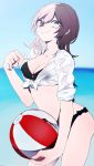  1girl ball bangs beachball bikini black_bikini breasts brown_eyes brown_hair cleavage closed_mouth esu_(transc) hair_between_eyes hand_up heterochromia highres holding holding_beachball long_hair looking_at_viewer medium_breasts multicolored_hair neo_(rwby) pink_hair rwby shirt sleeves_folded_up smile solo swimsuit tied_shirt two-tone_hair wet wet_clothes wet_shirt white_eyes white_shirt 