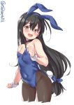  1girl :d animal_ears black_hair black_legwear blue_leotard blush breasts brown_eyes bunny_girl bunny_tail bunnysuit covered_navel cowboy_shot cropped_legs ebifurya eyebrows_visible_through_hair fake_animal_ears hair_between_eyes hairband hatsushimo_(kantai_collection) highres kantai_collection leotard long_hair low-tied_long_hair open_mouth pantyhose rabbit_ears simple_background small_breasts smile solo tail very_long_hair white_background wrist_cuffs 