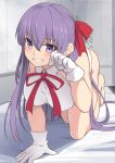  1girl bangs bare_shoulders bb_(fate)_(all) bb_(fate/extra_ccc) blush breasts fate/extra fate/extra_ccc fate/grand_order fate_(series) gloves grin hair_between_eyes large_breasts leotard long_hair looking_at_viewer on_bed purple_hair red_ribbon ribbon shiseki_hirame smile solo thighs violet_eyes white_gloves white_leotard 