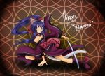 1girl animal_ears arm_support artist_request blue_hair boots bow breasts cat_ears cat_tail clenched_teeth collar commission hair_bow highres japanese_clothes katana kimono long_hair medium_breasts nail_polish noihara_himari omamori_himari ponytail purple_nails solo sword tail teeth very_long_hair violet_eyes weapon 