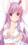  1girl animal_ears bangs bed_sheet blush bra breast_hold breasts cleavage collarbone commentary_request eyebrows_visible_through_hair highres kue large_breasts lips long_hair long_sleeves looking_at_viewer lying on_back pink_bra purple_hair rabbit_ears red_eyes reisen_udongein_inaba shirt solo touhou underwear upper_body very_long_hair white_shirt wing_collar 