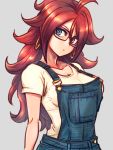  1girl android_21 black-framed_eyewear blue_eyes blue_overalls breasts brown_hair cleavage closed_mouth collarbone curly_hair earrings expressionless flat_color glasses grey_background hoop_earrings jewelry long_hair looking_at_viewer medium_breasts overalls shirt st62svnexilf2p9 upper_body very_long_hair white_shirt 