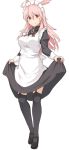  1girl alternate_costume apron black_dress black_footwear black_legwear dress dress_lift enmaided fate/grand_order fate_(series) frilled_apron frills garter_straps hair_between_eyes head_wings hildr_(fate/grand_order) lifted_by_self loafers long_hair long_sleeves maid maid_apron maid_headdress pink_hair puffy_long_sleeves puffy_sleeves red_eyes shiseki_hirame shoes simple_background solo standing thigh-highs valkyrie_(fate/grand_order) white_apron white_background 