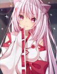  1girl :3 animal_ear_fluff animal_ears bare_shoulders blurry breasts cat_ears commentary_request depth_of_field hand_up highres japanese_clothes kimono large_breasts long_hair long_sleeves looking_at_viewer miko nijisanji pink_eyes rainbow red_ribbon ribbon sapphire_(sapphire25252) shiina_yuika sleeves_past_fingers sleeves_past_wrists smile solo sparkle upper_body virtual_youtuber white_hair white_kimono 