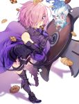  1girl absurdres animal armor armored_dress bare_shoulders black_dress black_legwear breasts commentary_request cookie dress fate/grand_order fate_(series) food fou_(fate/grand_order) fur gauntlets hair_over_one_eye highres holding holding_cookie holding_food large_breasts lavender_hair looking_at_viewer mash_kyrielight o0baijin0o purple_hair shield short_hair simple_background smile solo violet_eyes white_background 