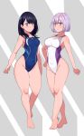  2girls absurdres aiuchi bangs bare_legs black_hair blue_eyes blue_swimsuit blush breasts closed_mouth commentary_request competition_swimsuit covered_navel eyebrows_visible_through_hair full_body highleg highres large_breasts lavender_hair long_hair medium_breasts multiple_girls one-piece_swimsuit red_eyes shinjou_akane shiny shiny_hair shiny_skin short_hair ssss.gridman standing straight_hair swimsuit takarada_rikka thighs white_swimsuit wide_hips 