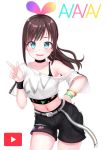  1girl a.i._channel atg_(wttoo0202) belt black_choker black_shorts blue_eyes bracelet brown_hair choker collarbone eyebrows_visible_through_hair hairband hand_on_hip highres jewelry kizuna_ai long_hair looking_at_viewer midriff multicolored_hair navel open_mouth shorts simple_background smile solo streaked_hair teeth virtual_youtuber white_background 
