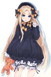  1girl abigail_williams_(fate/grand_order) bangs black_bow black_dress black_headwear blonde_hair blue_eyes blush bow coria dress fate/grand_order fate_(series) forehead hair_bow holding holding_stuffed_animal long_hair looking_at_viewer open_mouth orange_bow parted_bangs polka_dot polka_dot_bow simple_background sleeves_past_fingers sleeves_past_wrists solo stuffed_animal stuffed_toy teddy_bear thighs white_background white_bloomers 