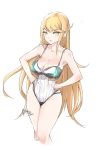  1girl artist_name bangs bare_arms bare_shoulders blonde_hair blush breasts casual_one-piece_swimsuit cleavage closed_mouth collarbone cropped_legs eyebrows_visible_through_hair hands_on_hips mythra_(xenoblade) large_breasts long_hair looking_at_viewer nintendo one-piece_swimsuit relaxjon signature simple_background solo straight_hair swept_bangs swimsuit thighs very_long_hair white_background white_swimsuit xenoblade_(series) xenoblade_2 yellow_eyes 
