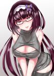  1girl :p black_hair black_legwear black_sweater breasts cleavage cleavage_cutout commentary_request dress fate/grand_order fate_(series) glasses hairband head_tilt highres large_breasts leaning_forward long_hair meme_attire open-chest_sweater osakabe-hime_(fate/grand_order) ribbed_sweater semi-rimless_eyewear sleeveless_sweater solo sumida_kichi sweat sweater sweater_dress thigh-highs tongue tongue_out under-rim_eyewear very_long_hair violet_eyes 