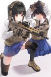  1girl assault_rifle black_hair black_legwear blue_skirt boots brown_eyes closed_mouth fn_scar gun headphones highres holding holding_gun holding_weapon kfr knee_pads kneeling medium_hair military multiple_views original pleated_skirt ponytail rifle shirt skirt solo thigh-highs trigger_discipline tying_hair weapon white_background white_shirt 