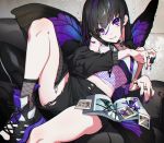  1girl black_hair butterfly_wings cellphone collar couch cushion eyebrows_visible_through_hair fishnets hair_between_eyes highres jacket jewelry long_hair looking_at_viewer lying midriff nail_polish on_back original phone photo_(object) purple_hair purple_nails ring shoes short_hair shorts smartphone smile sneakers socks torn_clothes torn_shorts violet_eyes westxost_(68monkey) wings 