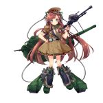  1girl :&lt; belt between_breasts blush boots breasts cable cannon full_body grey_eyes gun hat headphones kolobanov_(milihime_taisen) long_hair looking_at_viewer machine_gun medium_breasts milihime_taisen military military_hat military_uniform necktie necktie_between_breasts official_art red_star redhead solo track uniform weapon 