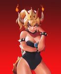  1girl absurdres bangs bare_legs bare_shoulders black_collar black_leotard blonde_hair blue_earrings blue_eyes bowsette bracelet breasts cleavage collar commentary cowboy_shot english_commentary eyeliner fang fingernails fire gem highres horns jewelry large_breasts leotard lips makeup super_mario_bros. medium_hair new_super_mario_bros._u_deluxe nintendo pointy_ears ponytail red_background sanefox sharp_fingernails solo spiked_armlet spiked_bracelet spiked_shell spiked_tail spikes strapless strapless_leotard studded_collar super_crown tail thighs turtle_shell 