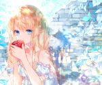  1girl apple bangs bare_shoulders blonde_hair blue_eyes breasts brick_wall closed_mouth commentary_request crying crying_with_eyes_open detached_sleeves dress eyebrows_visible_through_hair food fruit highres holding holding_food long_hair looking_at_viewer original puffy_short_sleeves puffy_sleeves recotasan red_apple short_sleeves sleeveless sleeveless_dress small_breasts solo tears upper_body very_long_hair white_dress white_sleeves 