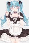  1girl alternate_costume apron bangs black_bow blue_eyes blue_hair blush bow breasts brown_dress cleavage collarbone commentary dress enmaided eyebrows_visible_through_hair fingernails frilled_apron frilled_dress frills grey_background hair_between_eyes hair_bow hands_up hatsune_miku heremia highres long_hair looking_at_viewer maid maid_headdress nail_polish parted_lips puffy_short_sleeves puffy_sleeves red_nails short_sleeves simple_background slit_pupils small_breasts solo symbol_commentary twintails very_long_hair vocaloid waist_apron white_apron wrist_cuffs 