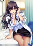  1girl :d amagi_ryou arm_support bangs black_hair black_skirt blue_shirt blurry blurry_background blush boku_to_kanojo_(joi)_no_shinsatsu_nisshi bra bra_peek breasts brown_hair cleavage coat collarbone commentary_request curtains doctor eyebrows_visible_through_hair feet_out_of_frame hair_between_eyes hand_in_hair hand_up highres indoors keyboard_(computer) long_hair looking_at_viewer miniskirt mole mole_on_breast moneti_(daifuku) monitor nail_polish open_clothes open_coat open_mouth panties pantyhose pantyshot pantyshot_(sitting) pencil_skirt pink_nails pocket purple_bra purple_panties shadow shirt short_sleeves sitting skirt smile solo swivel_chair thighs underwear white_coat wing_collar 