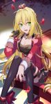  1girl :d ahoge black_legwear black_skirt blonde_hair braid breasts choker cleavage collarbone crown eyebrows_visible_through_hair fate/extra fate_(series) gina_61324 green_eyes hair_between_eyes hair_intakes highres jacket long_hair looking_at_viewer medium_breasts microphone mini_crown miniskirt nero_claudius_(fate)_(all) open_clothes open_jacket open_mouth petals pleated_skirt red_jacket shiny shiny_hair single_braid sitting skirt smile solo thigh-highs thigh_strap very_long_hair 