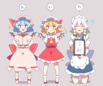  3girls 60mai :d ^_^ apron ascot bangs bat_wings blonde_hair blue_dress blue_hair boots bow braid brooch closed_eyes commentary_request crystal dress eyebrows_visible_through_hair facing_viewer fang flandre_scarlet frilled_apron frills full_body green_bow grey_background grin hair_between_eyes hair_bow hands_on_hips hat hat_ribbon holding holding_sign izayoi_sakuya jewelry kneeling looking_at_viewer maid maid_apron maid_headdress mob_cap multiple_girls one_side_up open_mouth petticoat pink_dress pink_footwear pink_headwear puffy_short_sleeves puffy_sleeves red_eyes red_footwear red_ribbon red_skirt red_vest remilia_scarlet ribbon shadow shirt shoes short_hair short_sleeves sign silver_hair simple_background skirt skirt_set smile socks sparkle standing thighs touhou translated twin_braids vest waist_apron white_apron white_headwear white_legwear white_shirt wings yellow_neckwear 