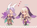  2girls animal_ears breasts bunny_tail camilla_(fire_emblem_if) chibi cleavage female_my_unit_(fire_emblem_if) fire_emblem fire_emblem_heroes fire_emblem_if gloves hair_between_eyes hair_ornament hair_over_one_eye hairband highres jewelry large_breasts lips long_hair mamkute multiple_girls my_unit_(fire_emblem_if) nintendo open_mouth pointy_ears purple_hair rabbit_ears red_eyes renkonmatsuri silver_hair smile tail thighs very_long_hair violet_eyes wavy_hair white_hair 