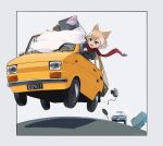  1girl animal_ear_fluff animal_ears beleven blonde_hair car coyote_(kemono_friends) coyote_ears coyote_girl coyote_tail driving ground_vehicle highres jumping kemono_friends kemono_friends_v_project microphone motor_vehicle neckerchief open_mouth red_neckerchief short_hair solo virtual_youtuber yellow_eyes 