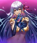  1girl armlet bangs blush breasts earrings fate/grand_order fate_(series) gradient gradient_background grin hair_between_eyes hair_ribbon hand_on_own_chin jewelry k.k_(pixiv) kama_(fate/grand_order) large_breasts long_hair looking_at_viewer navel outstretched_arm pauldrons petals red_eyes ribbon silver_hair smile solo 