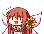  1girl :d ascot bangs chibi commentary dress english_commentary fairy fairy_wings flower hair_between_eyes holding holding_flower long_hair long_sleeves open_mouth pink_dress redhead sidelocks simple_background smile solo sunflower touhou upper_body white_background wide_sleeves wings wool_(miwol) yellow_neckwear |_| 