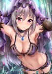  1girl armpits arms_up black_gloves blurry blush bra breasts collarbone cowboy_shot depth_of_field drill_hair elbow_gloves eyebrows_visible_through_hair garana garter_belt garter_straps glint gloves grey_hair groin highres idolmaster idolmaster_cinderella_girls kanzaki_ranko large_breasts lingerie long_hair looking_at_viewer navel open_mouth panties purple_bra purple_panties red_eyes ribbon solo stomach thigh-highs twin_drills underwear underwear_only veil wading wet 