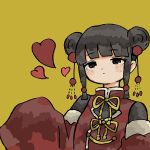  1girl bangs black_eyes black_hair blunt_bangs blush commentary_request double_bun expressionless heart long_sleeves looking_at_viewer original sakura_szm sidelocks simple_background sleeves_past_fingers sleeves_past_wrists solo yellow_background 