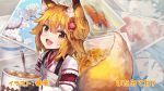  1girl :d animal_ear_fluff animal_ears apron bangs blonde_hair blush brown_apron brown_hair commentary_request eyebrows_visible_through_hair facial_mark fang flower fox_ears fox_girl fox_tail hair_between_eyes hair_flower hair_ornament holding japanese_clothes kimono long_hair long_sleeves looking_at_viewer nakano_(sewayaki_kitsune_no_senko-san) open_mouth oven_mitts photo_(object) red_flower ribbon_trim roll_okashi senko_(sewayaki_kitsune_no_senko-san) sewayaki_kitsune_no_senko-san shiro_(sewayaki_kitsune_no_senko-san) short_eyebrows smile solo stew tail tail_raised thick_eyebrows white_flower white_kimono 