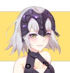  1girl :t absurdres armor armored_dress bangs bare_shoulders black_dress blush breasts colored_eyelashes commentary_request dress eyebrows_visible_through_hair fate/grand_order fate_(series) headpiece highres jeanne_d&#039;arc_(alter)_(fate) jeanne_d&#039;arc_(fate)_(all) kuhnowushi medium_breasts pink_lips portrait short_hair silver_hair smile solo translation_request two-tone_background white_background yellow_background yellow_eyes 