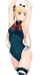  1girl armpits arms_up bangs bare_shoulders black_ribbon blonde_hair blue_eyes blue_legwear blue_leotard blush breasts closed_mouth covered_navel dead_or_alive dead_or_alive_5 frilled_leotard frills hair_ornament hair_ribbon hip_focus leotard long_hair looking_at_viewer marie_rose ribbon sia_namsbinpeni simple_background small_breasts solo thigh-highs thighs twintails white_background x_hair_ornament 