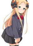  1girl abigail_williams_(fate/grand_order) absurdres aikawa_ryou alternate_costume bangs black_bow black_headwear black_jacket black_legwear black_skirt blonde_hair blue_eyes blush bow bowtie commentary_request dot_nose eyebrows_visible_through_hair fate/grand_order fate_(series) hair_bow hat highres jacket long_hair long_sleeves looking_at_viewer orange_bow parted_bangs polka_dot polka_dot_bow red_bow red_neckwear school_uniform shirt simple_background skirt smile solo thigh-highs white_background white_shirt 