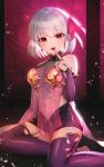  1girl commentary_request dolce_(dolsuke) earrings eyebrows_visible_through_hair fate/grand_order fate_(series) hair_ribbon highres index_finger_raised jewelry kama_(fate/grand_order) looking_at_viewer navel open_mouth petals purple_legwear red_eyes red_ribbon ribbon see-through short_hair sitting smile solo teeth thigh-highs white_hair yellow_earrings 