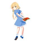  1girl :o absurdres bangs blonde_hair blue_dress blue_footwear blush bobby_socks book copyright_request dress eyebrows_visible_through_hair fingernails frilled_dress frills from_behind full_body green_eyes hair_ornament highres holding holding_book kousaka_nobaku leaning_forward loafers long_hair looking_at_viewer looking_back open_book parted_lips puffy_short_sleeves puffy_sleeves shoe_soles shoes short_sleeves simple_background socks solo twintails very_long_hair white_background white_legwear 