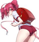  02g9 1girl absurdres alternate_costume ass backpack bag blush commentary_request cowboy_shot drill_hair embarrassed from_behind hair_between_eyes highres kasane_teto leaning_forward medium_hair open_mouth red_eyes redhead shirt simple_background solo sportswear tail thighs twin_drills utau white_background white_shirt 