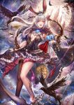  1girl alice_in_wonderland animal_ears bird breasts card castle clock full_moon highres long_hair looking_at_viewer luminous moon open_mouth original playing_card rabbit_ears red_eyes silver_hair skull smile solo tail 