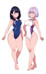  2girls absurdres aiuchi bangs bare_legs black_hair blue_eyes blue_swimsuit blush breasts closed_mouth commentary_request competition_swimsuit covered_navel eyebrows_visible_through_hair full_body highleg highres large_breasts lavender_hair long_hair medium_breasts multiple_girls one-piece_swimsuit red_eyes shinjou_akane shiny shiny_hair shiny_skin short_hair simple_background ssss.gridman standing straight_hair swimsuit takarada_rikka thighs white_background white_swimsuit wide_hips 