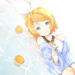  1girl bare_shoulders blonde_hair blue_eyes blush bow dutch_angle food fruit hair_bow hair_ornament hairclip highres holding holding_leaf jacket kagamine_rin leaf looking_at_viewer lying neck_ribbon on_side open_clothes open_jacket orange oyamada_gamata ribbon sailor_collar shirt sleeveless sleeveless_shirt smile solo upper_body vocaloid water white_bow white_shirt 