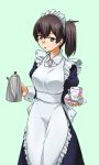  1girl akito_(sub707) alternate_costume apron black_dress blue_background brown_eyes brown_hair cup dress enmaided frilled_apron frills highres holding holding_plate kaga_(kantai_collection) kantai_collection long_sleeves maid maid_apron maid_headdress medium_hair plate puffy_long_sleeves puffy_sleeves side_ponytail simple_background solo white_apron wrist_cuffs 
