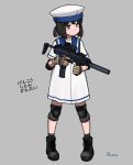  1girl artist_name black_footwear black_hair blue_eyes bob_cut boots brown_gloves cross-laced_footwear daitou_(kantai_collection) dress elbow_pads gloves grey_background gun hat high_ponytail highres kantai_collection knee_pads lace-up_boots porusasu rifle sailor_collar sailor_dress sailor_hat short_hair short_sleeves sidelocks simple_background socks solo standing translation_request weapon weapon_request white_dress white_headwear 