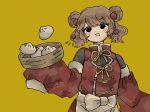  1girl apron bangs black_eyes blush brown_hair commentary_request double_bun eyebrows_visible_through_hair food food_request holding long_sleeves mouth_drool original sakura_szm short_hair sleeves_past_fingers sleeves_past_wrists solo swept_bangs upper_body yellow_background 