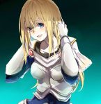  1girl :d armor bangs blonde_hair blue_eyes boobplate bracer breastplate breasts esu_(transc) eyebrows_visible_through_hair eyes_visible_through_hair gloves hair_between_eyes hands_up league_of_legends long_hair looking_at_viewer luxanna_crownguard medium_breasts open_mouth smile solo straight_hair teeth upper_body white_gloves 