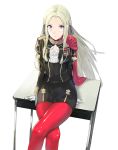  1girl absurdres arms_behind_back black_skirt blonde_hair breasts cape closed_mouth commentary desk edelgard_von_hresvelgr_(fire_emblem) feet_out_of_frame fire_emblem:_three_houses forehead gloves hair_ribbon highres intelligent_systems j@ck legs_crossed long_hair long_sleeves looking_at_viewer medium_breasts military military_uniform miniskirt nintendo on_table pantyhose purple_ribbon red_cape red_legwear ribbon school_desk sidelocks sitting skirt smile table uniform very_long_hair violet_eyes white_gloves 